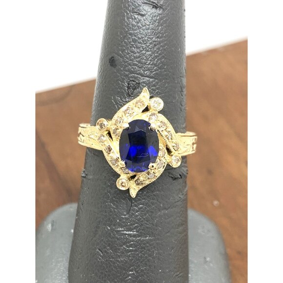 Blue Gemstone Diamond Cocktail Ring 14k Yellow Gold Estate Women's Size 7 - Picture 7 of 14